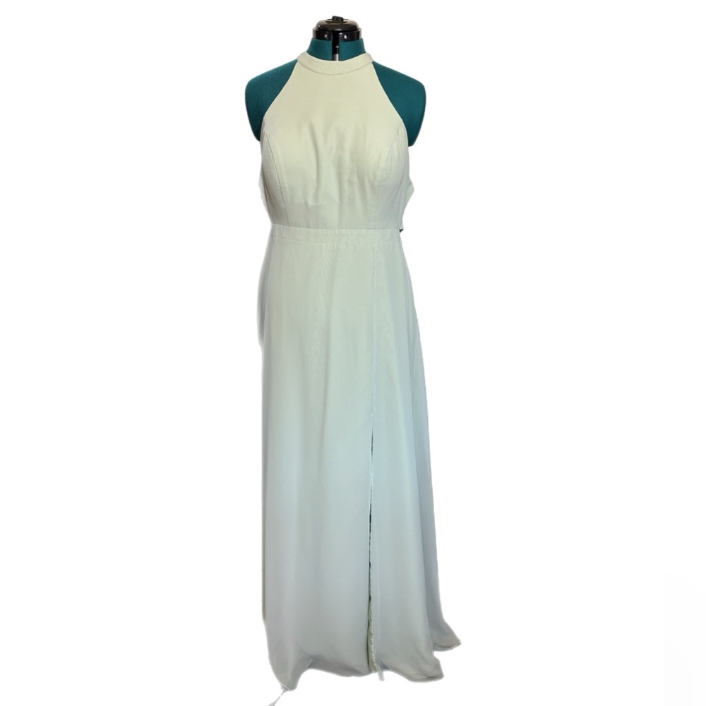 Azazie Seagram green strappy back halter maxi dress w/ slit